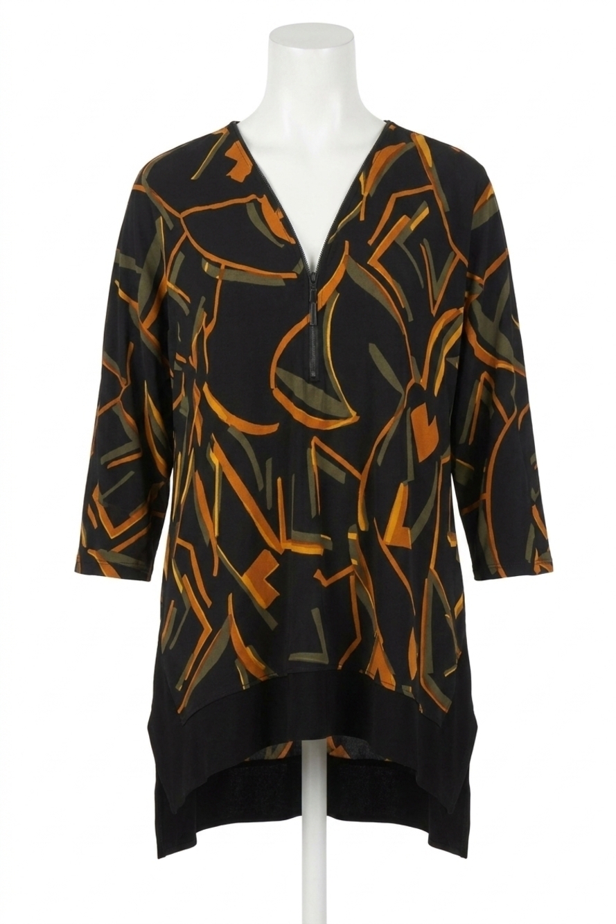 NEW JOSEPH RIBKOFF silky knit v-neck 3/4 sleeves tunic top in black/multi